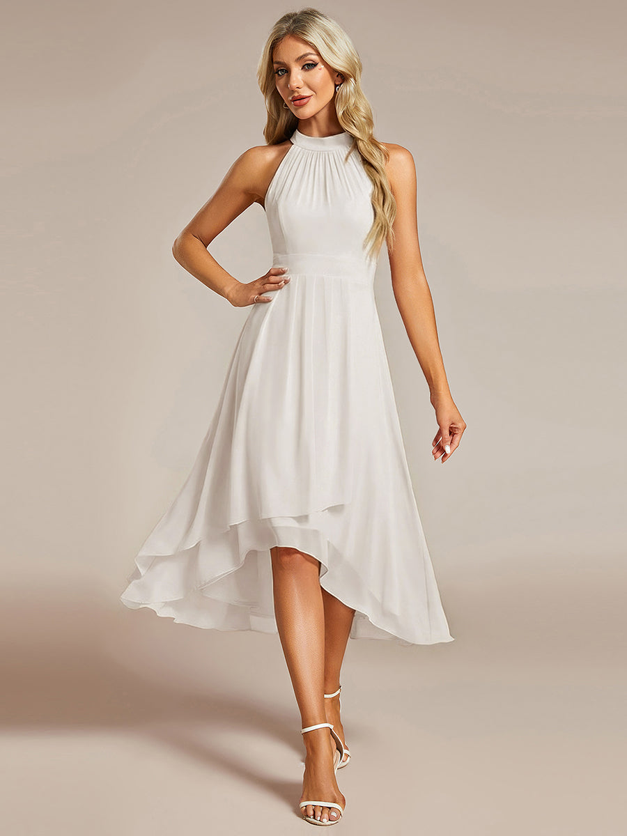 Color=White | B2B-Exclusive Halter Neck Sleeveless Gathered A-Line High-Low Wedding Guest Dresses-White 1