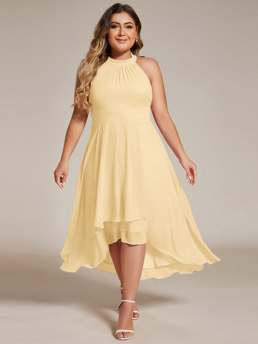 Color=Yellow | Factory Design Halter Neck Sleeveless Gathered A-Line High-Low Wedding Guest Dresses-Yellow 26