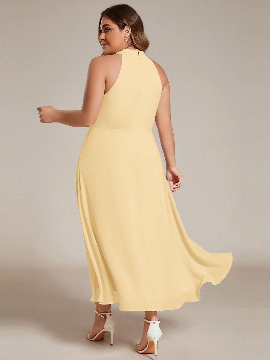 Color=Yellow | Factory Design Halter Neck Sleeveless Gathered A-Line High-Low Wedding Guest Dresses-Yellow 27