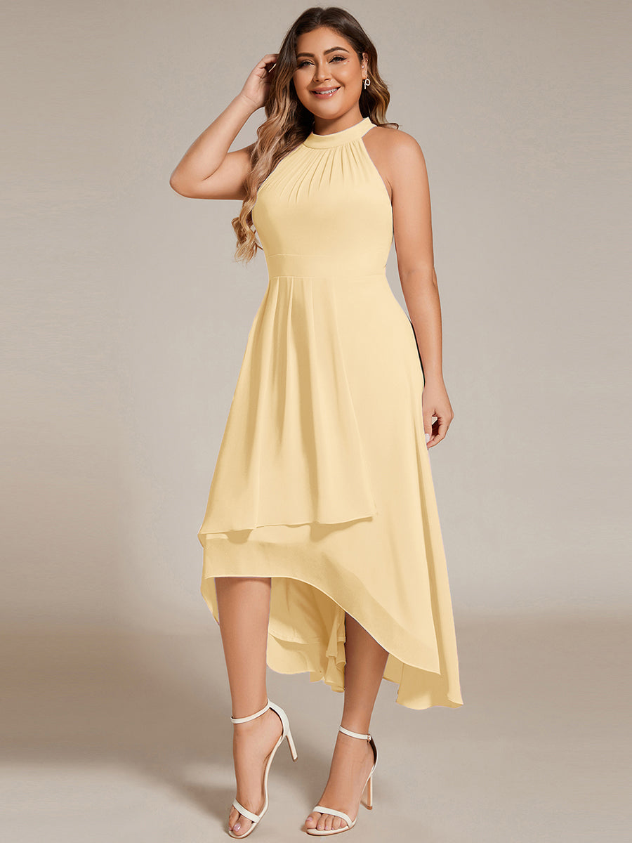 Color=Yellow | Factory Design Halter Neck Sleeveless Gathered A-Line High-Low Wedding Guest Dresses-Yellow 29