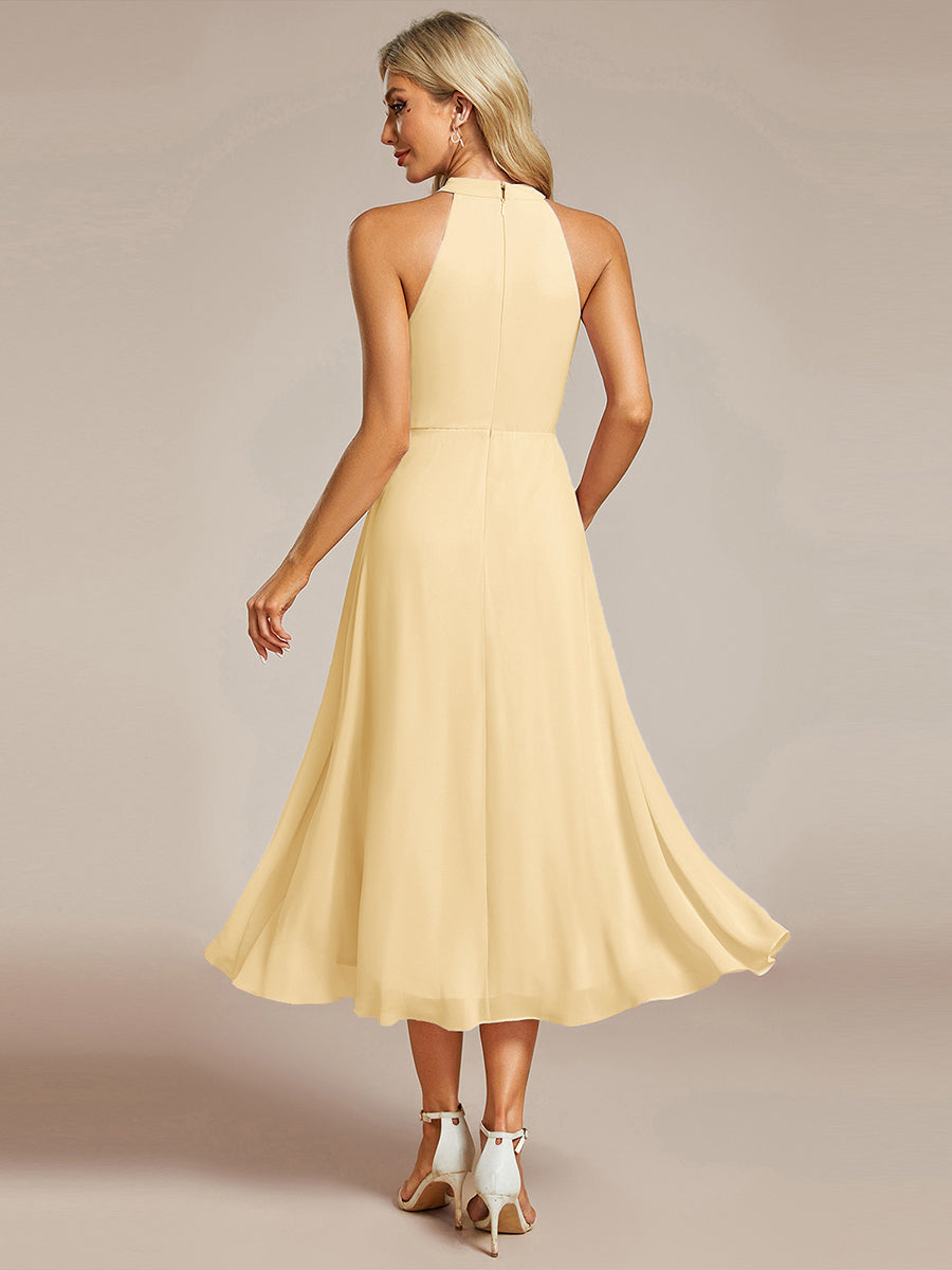 Color=Yellow | Elegant Halter Neckline Asymmetric Midi Lining Length  fold stream Empire Waist Chiffon Dresses-Yellow 2