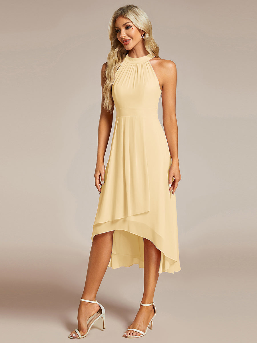 Color=Yellow | Elegant Halter Neckline Asymmetric Midi Lining Length  fold stream Empire Waist Chiffon Dresses-Yellow 3