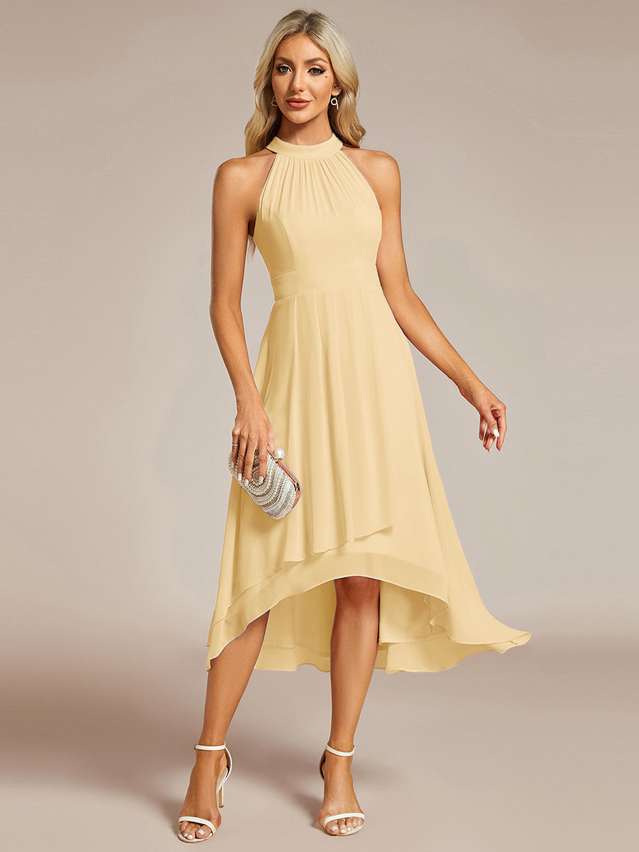 Color=Yellow | Elegant Halter Neckline Asymmetric Midi Lining Length  fold stream Empire Waist Chiffon Dresses-Yellow 4