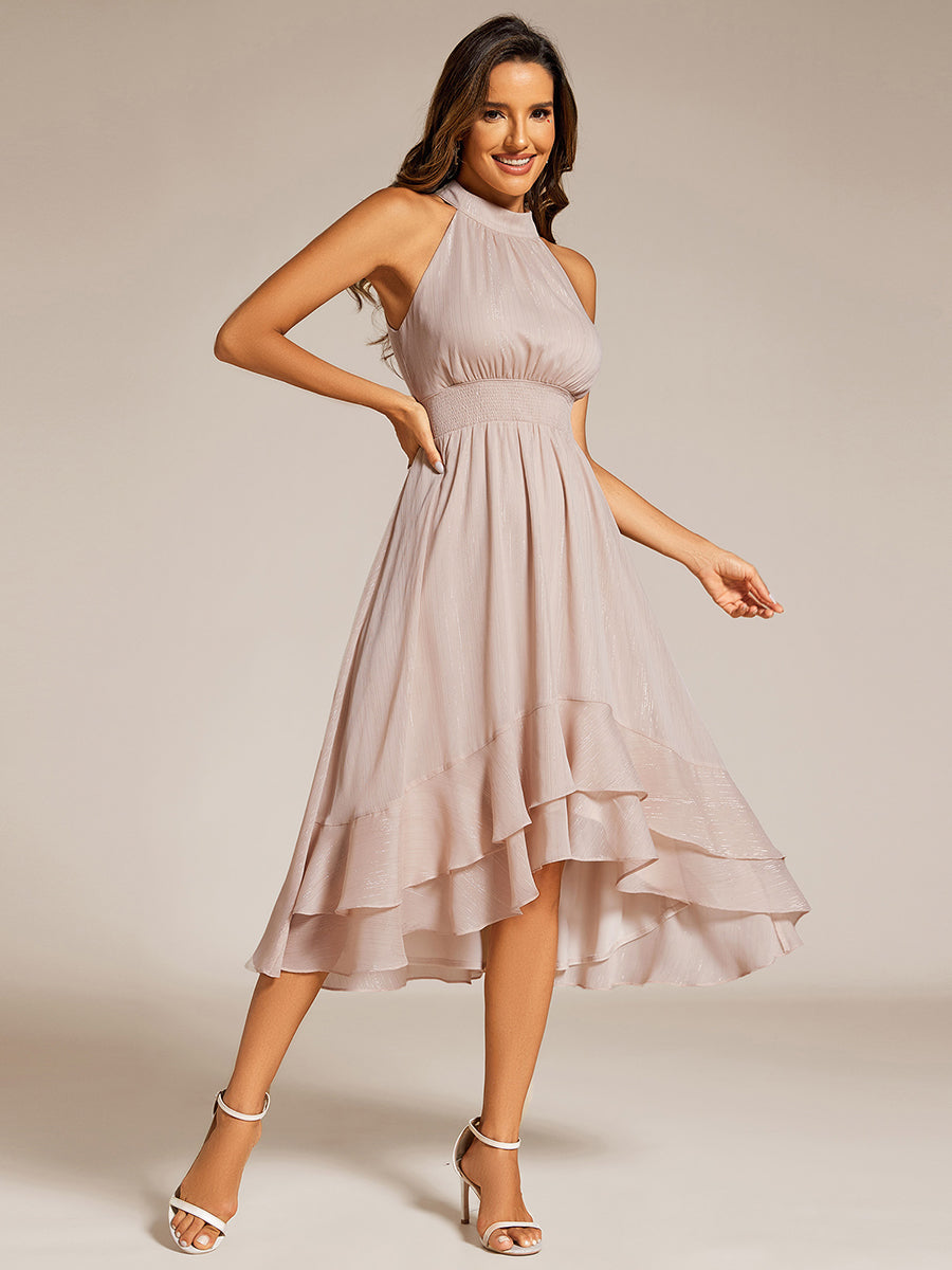 Color=Charcoal | Elegant laceable Halter Neckline Knee Length Chiffon Dresses Asymmetrical Lotus Hem-Charcoal 8