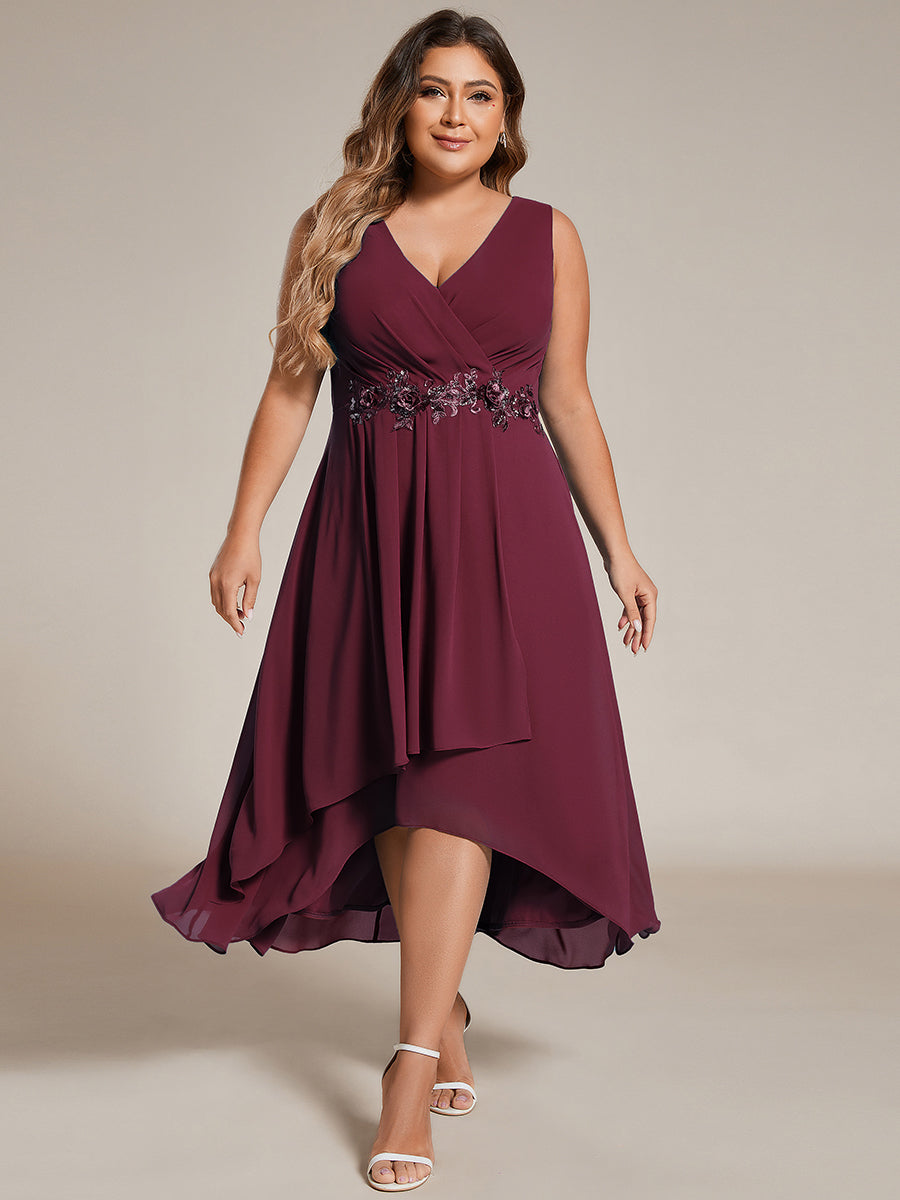 Color=Dusty Blue | Plus Chiffon Appliques V Neck Tea Length Sleeveless Wedding Wholesale Guest Dress-Dusty Blue 1
