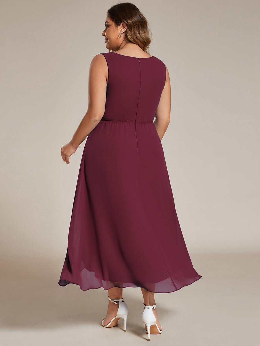 Color=Dusty Blue | Plus Chiffon Appliques V Neck Tea Length Sleeveless Wedding Wholesale Guest Dress-Dusty Blue 1