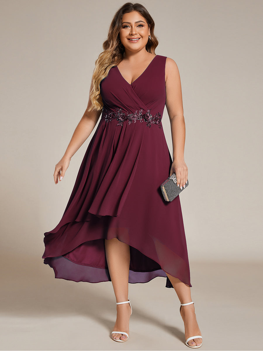 Color=Dusty Blue | Plus Chiffon Appliques V Neck Tea Length Sleeveless Wedding Wholesale Guest Dress-Dusty Blue 1