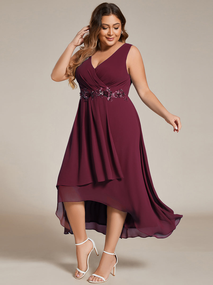 Color=Dusty Blue | Plus Chiffon Appliques V Neck Tea Length Sleeveless Wedding Wholesale Guest Dress-Dusty Blue 1
