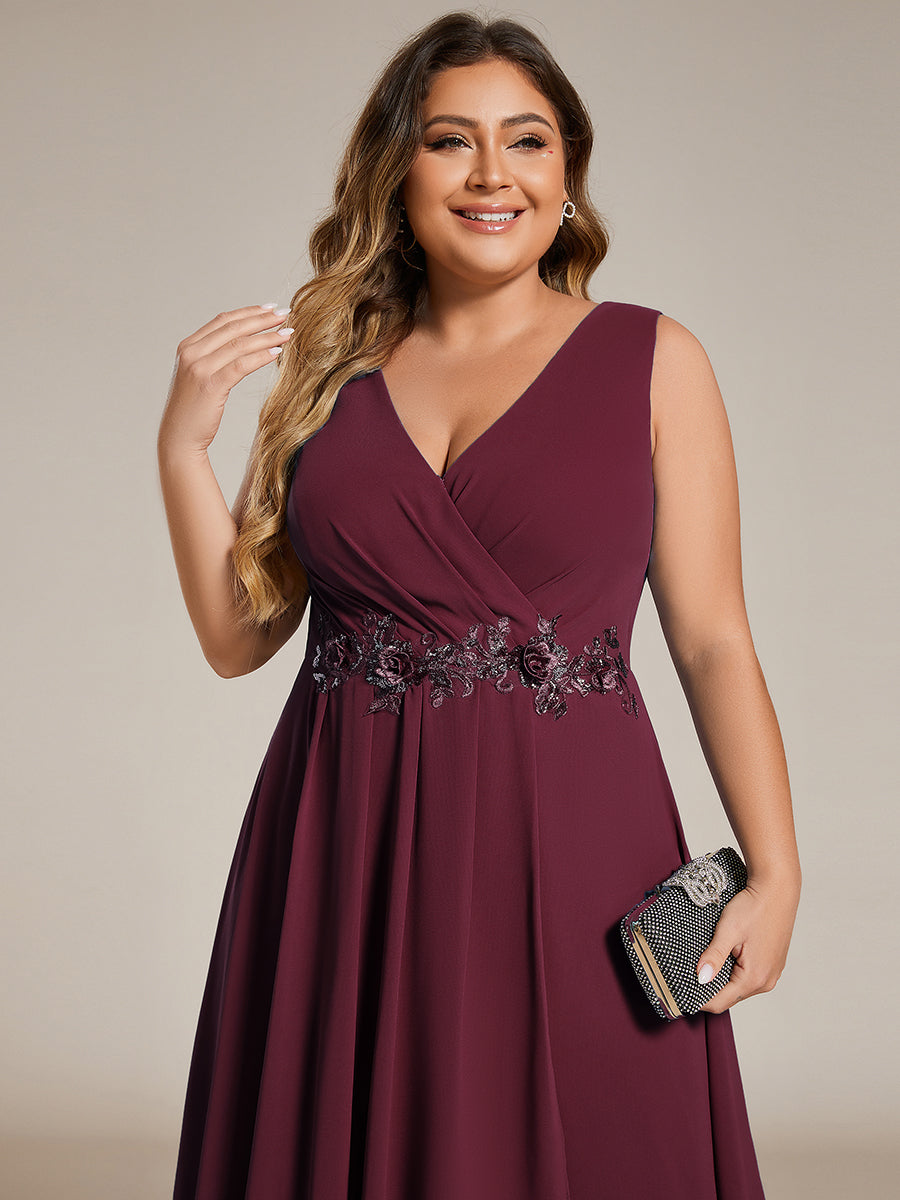 Color=Dusty Blue | Plus Chiffon Appliques V Neck Tea Length Sleeveless Wedding Wholesale Guest Dress-Dusty Blue 1
