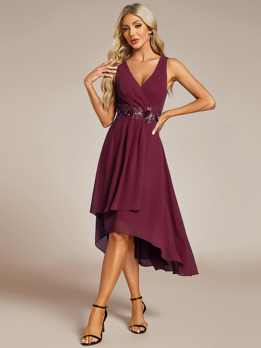 Color=Burgundy | Chiffon Appliques V Neck Tea Length Sleeveless Wedding Wholesale Guest Dress-Burgundy 5