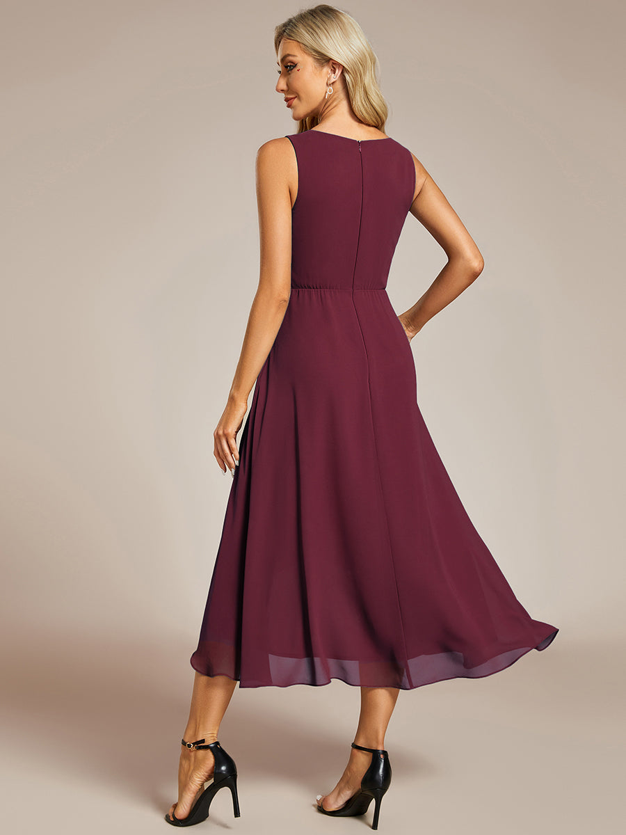 Color=Burgundy | Chiffon Appliques V Neck Tea Length Sleeveless Wedding Wholesale Guest Dress-Burgundy 4