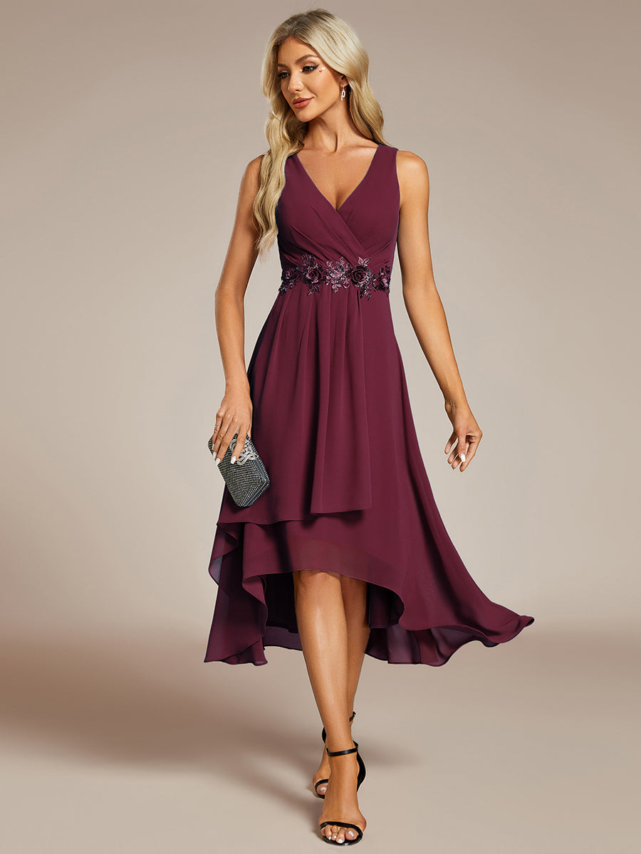 Color=Burgundy | Chiffon Appliques V Neck Tea Length Sleeveless Wedding Wholesale Guest Dress-Burgundy 3