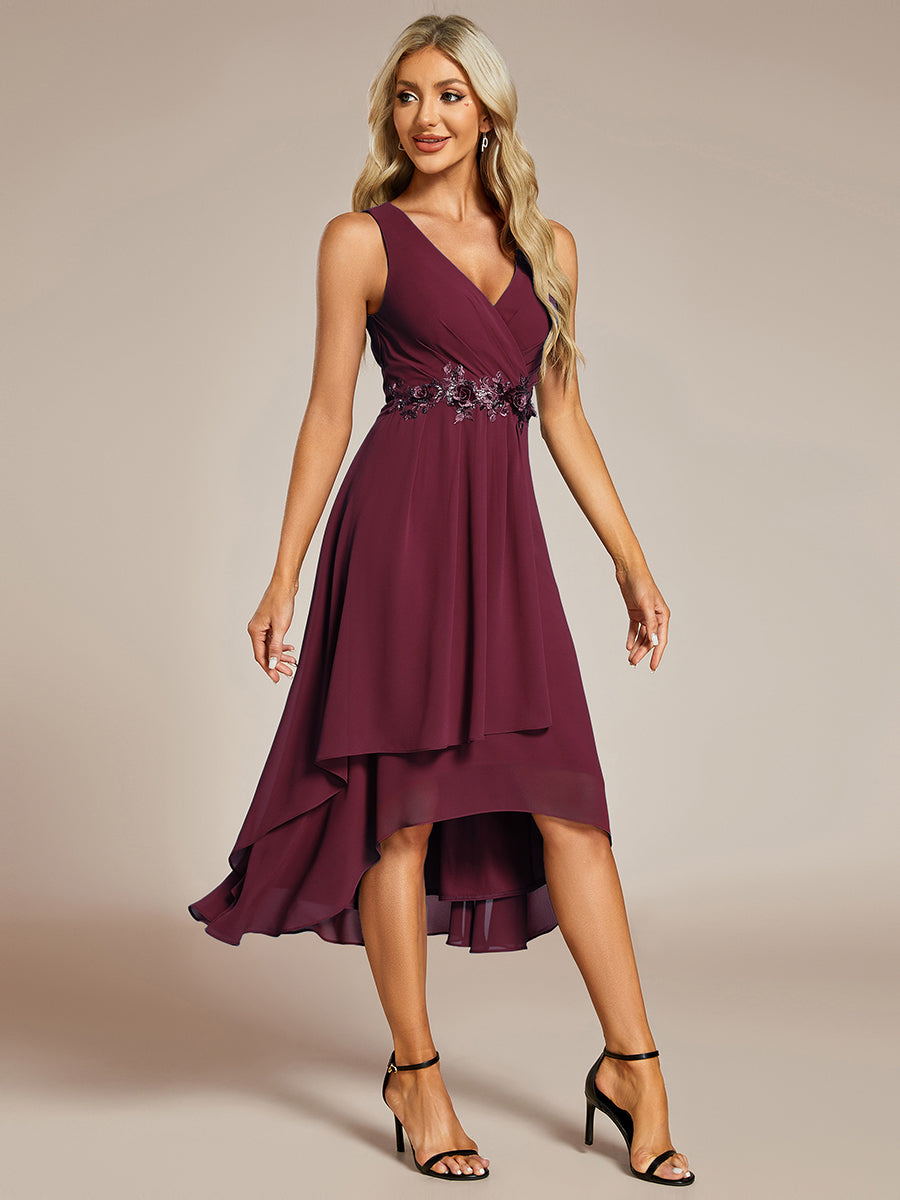 Color=Burgundy | Chiffon Appliques V Neck Tea Length Sleeveless Wedding Wholesale Guest Dress-Burgundy 1