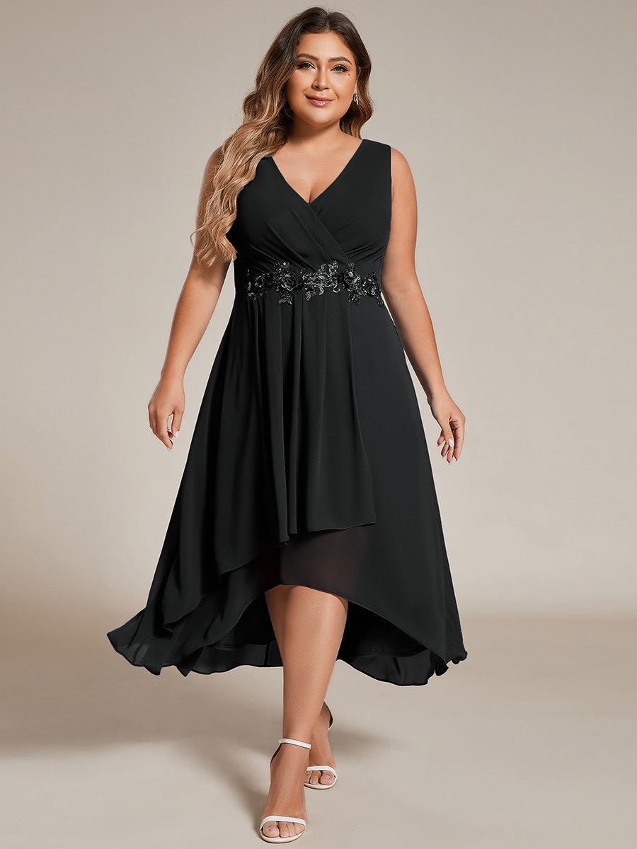 Color=Burgundy | Plus Chiffon Appliques V Neck Tea Length Sleeveless Wedding Wholesale Guest Dress-Burgundy 1