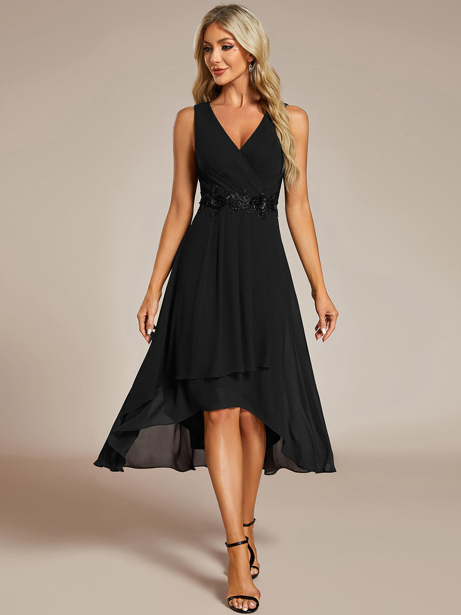 Color=Black | Chiffon Appliques V Neck Tea Length Sleeveless Wedding Wholesale Guest Dress-Black 4