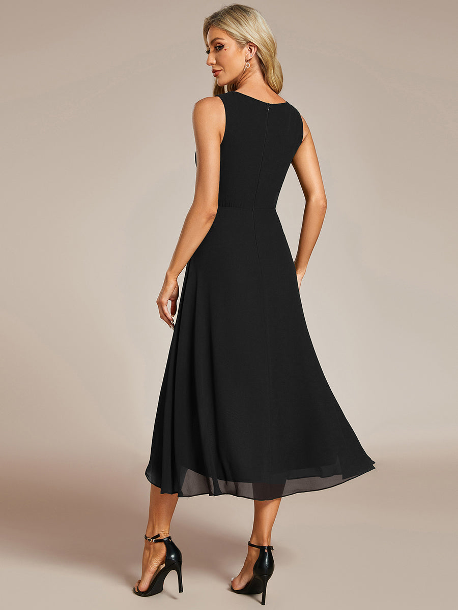 Color=Black | Chiffon Appliques V Neck Tea Length Sleeveless Wedding Wholesale Guest Dress-Black 5