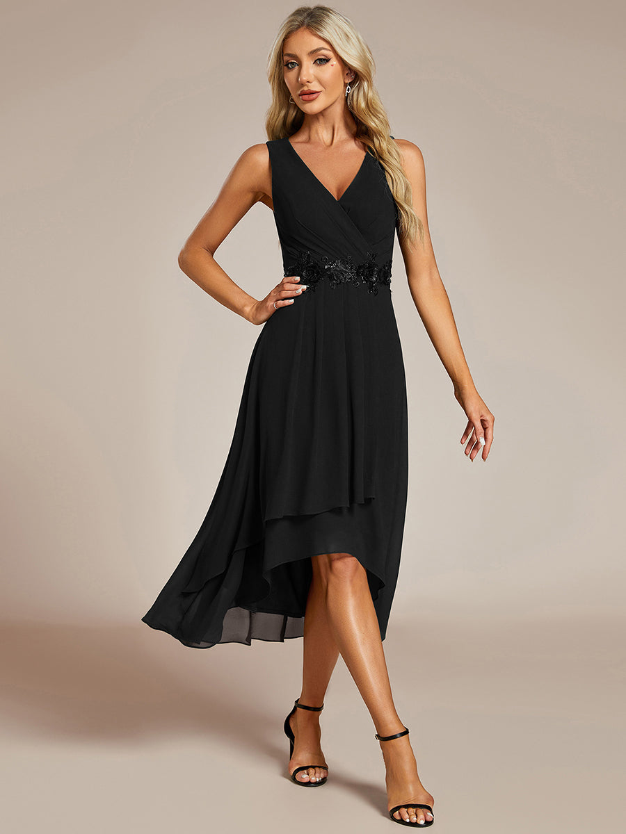 Color=Black | Chiffon Appliques V Neck Tea Length Sleeveless Wedding Wholesale Guest Dress-Black 3