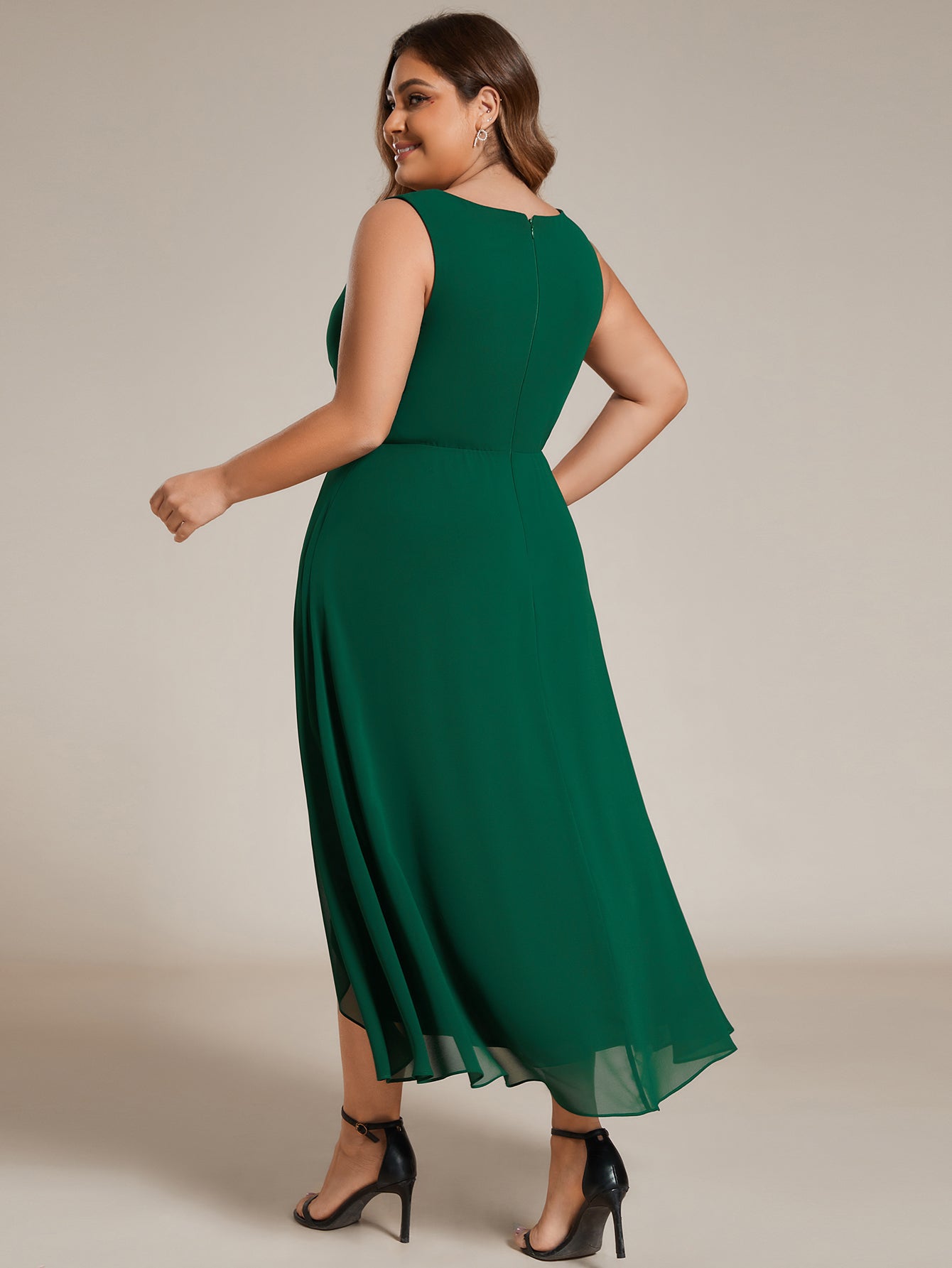 Color=Navy Blue | Plus Chiffon Appliques V Neck Tea Length Sleeveless Wedding Wholesale Guest Dress-Navy Blue 5