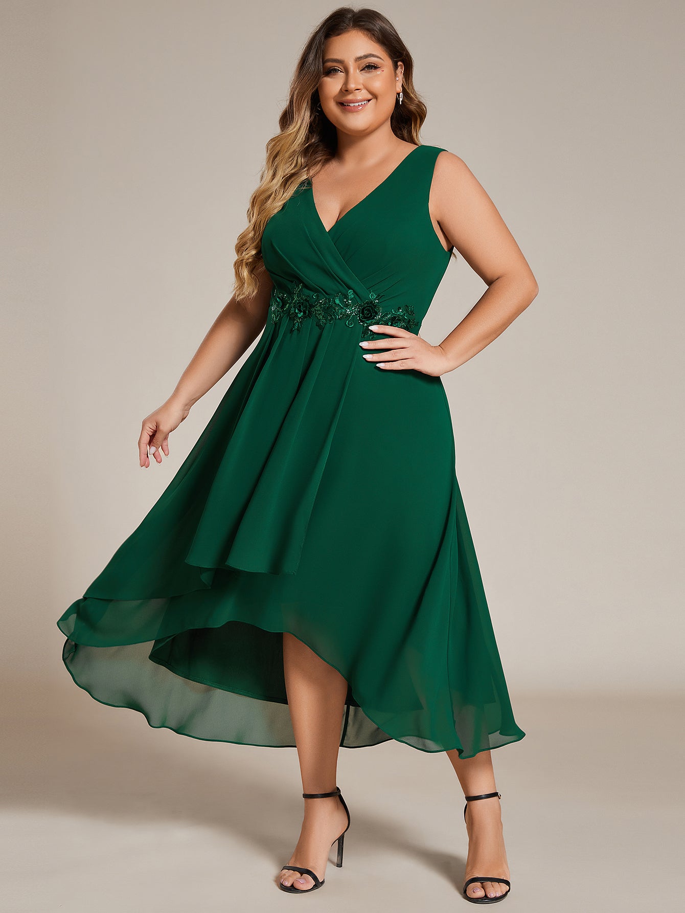 Color=Navy Blue | Plus Chiffon Appliques V Neck Tea Length Sleeveless Wedding Wholesale Guest Dress-Navy Blue 4