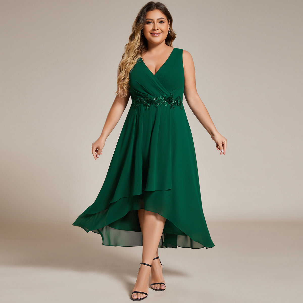Color=Navy Blue | Plus Chiffon Appliques V Neck Tea Length Sleeveless Wedding Wholesale Guest Dress-Navy Blue 3