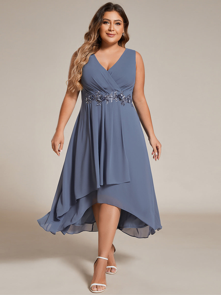 Color=Dark Green | Plus Chiffon Appliques V Neck Tea Length Sleeveless Wedding Wholesale Guest Dress-Dark Green 5