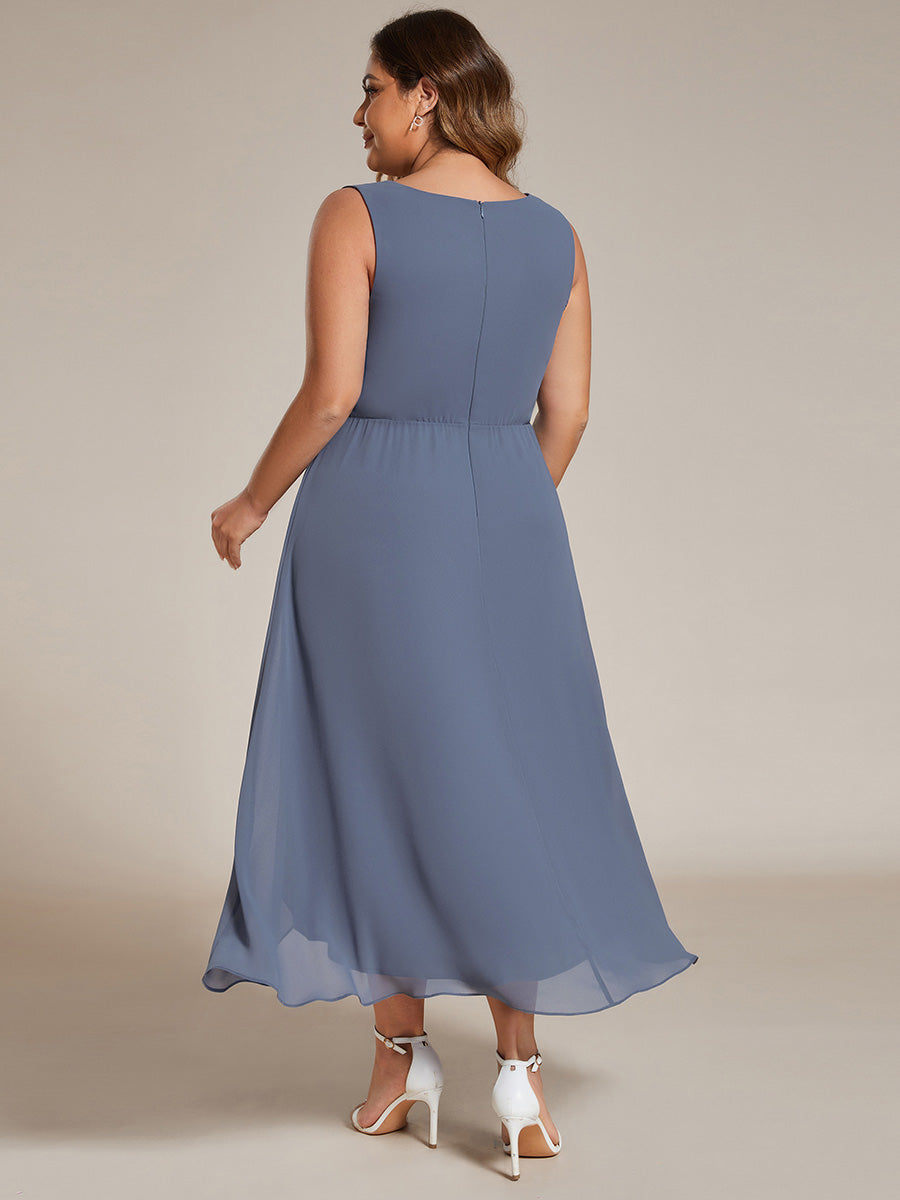 Color=Dark Green | Plus Chiffon Appliques V Neck Tea Length Sleeveless Wedding Wholesale Guest Dress-Dark Green 4