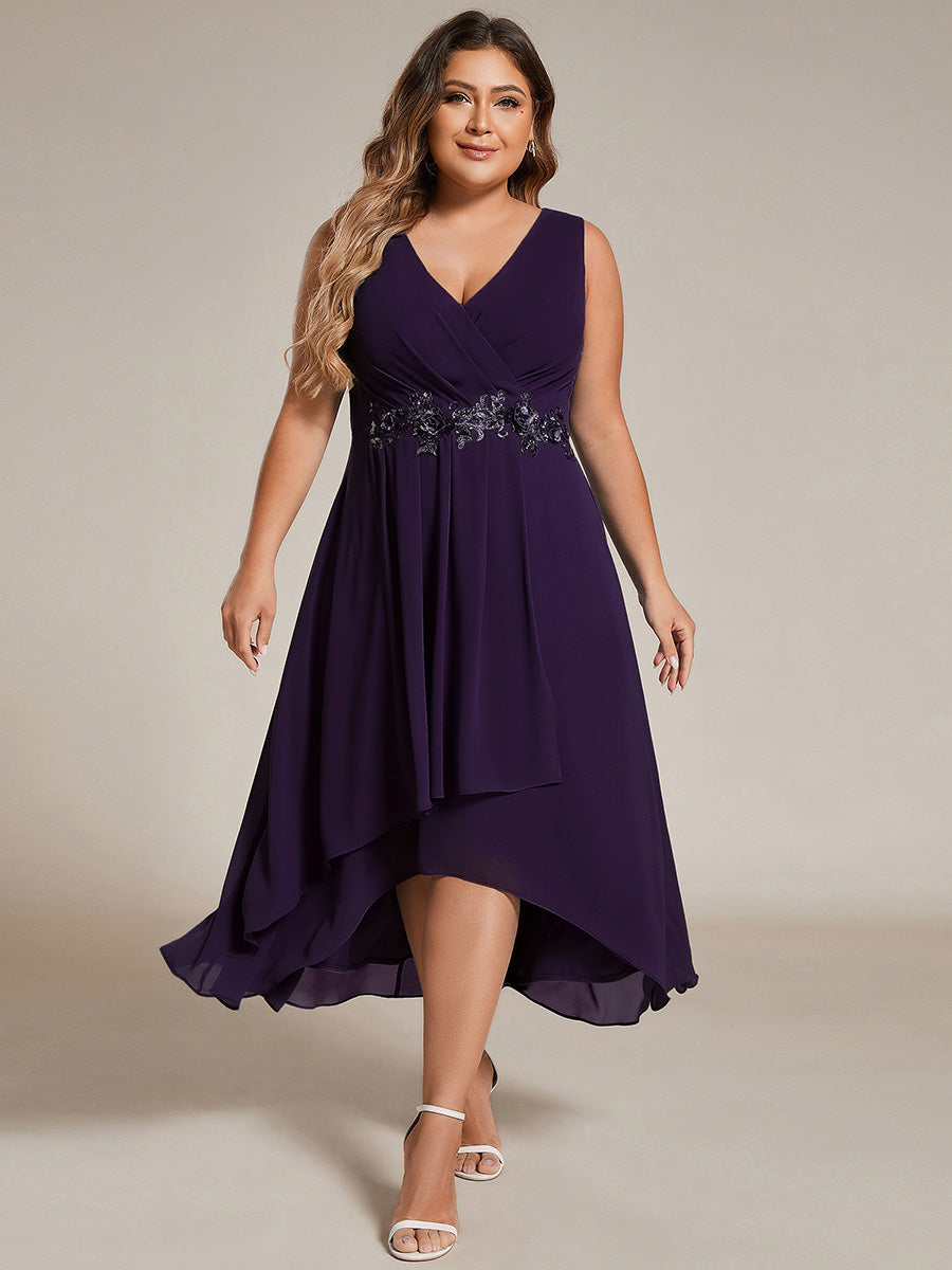 Color=Dark Purple | B2B-Exclusive Strapless Deep V-Neck Appliques A-Line High-Low Wedding Guest Dresses-Dark Purple 6