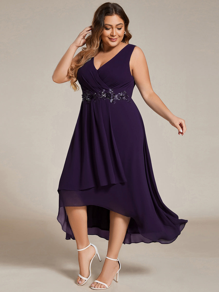 Color=Dark Purple | B2B-Exclusive Strapless Deep V-Neck Appliques A-Line High-Low Wedding Guest Dresses-Dark Purple 10
