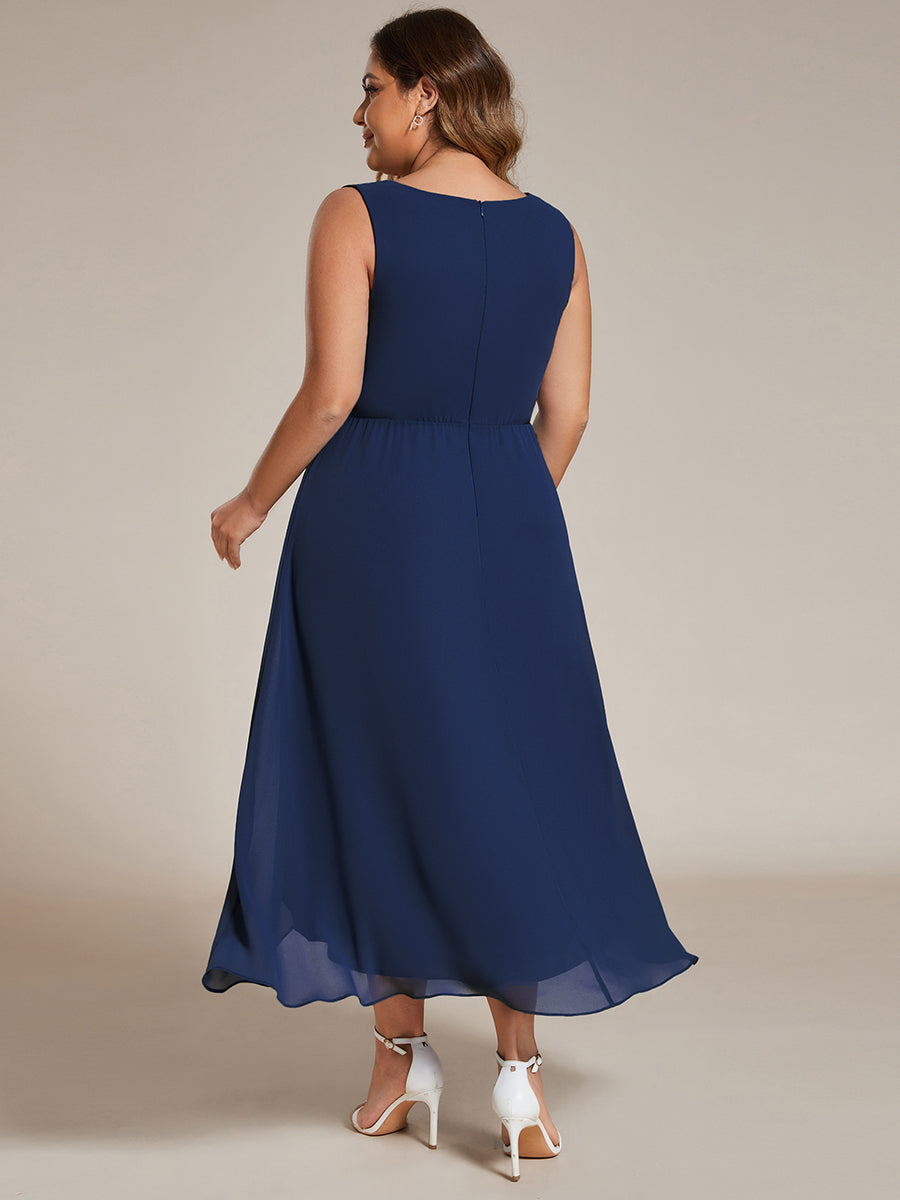 Color=Black | Plus Chiffon Appliques V Neck Tea Length Sleeveless Wedding Wholesale Guest Dress-Black 1