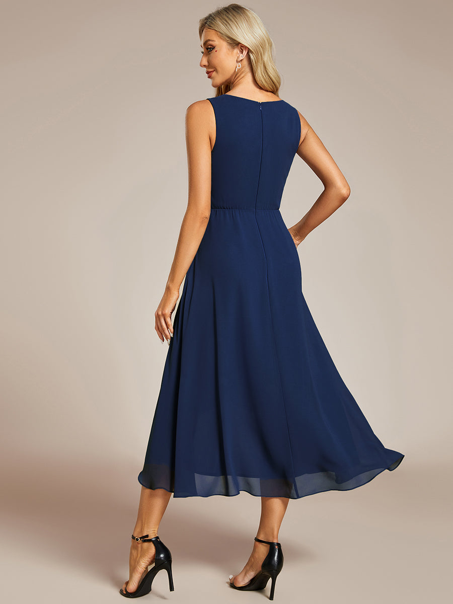 Color=Navy Blue | Chiffon Appliques V Neck Tea Length Sleeveless Wedding Wholesale Guest Dress-Navy Blue 2