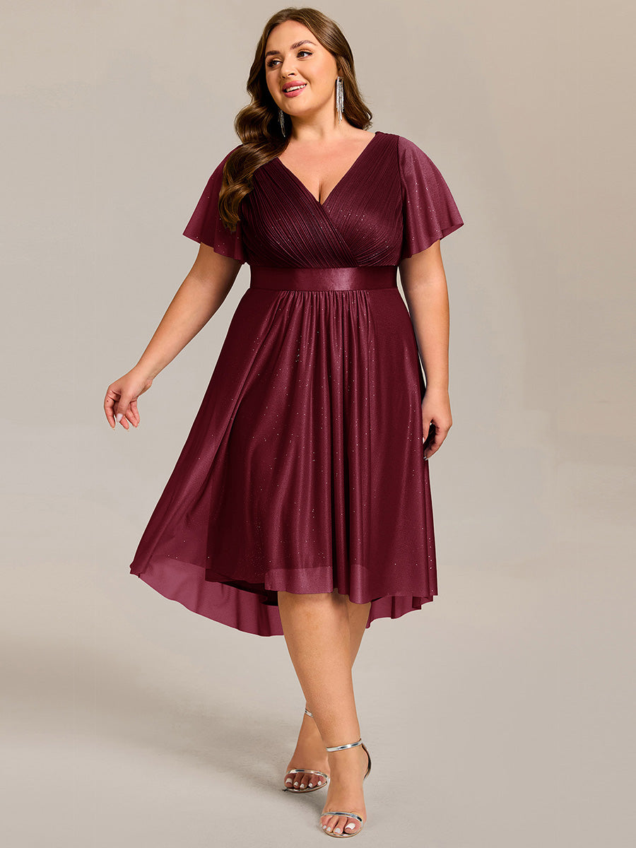 Color=Burgundy | Plus Size Ruffle Sleeves Ruched Wedding Guest Glitter Asymmetric Hem Dress-Burgundy 11