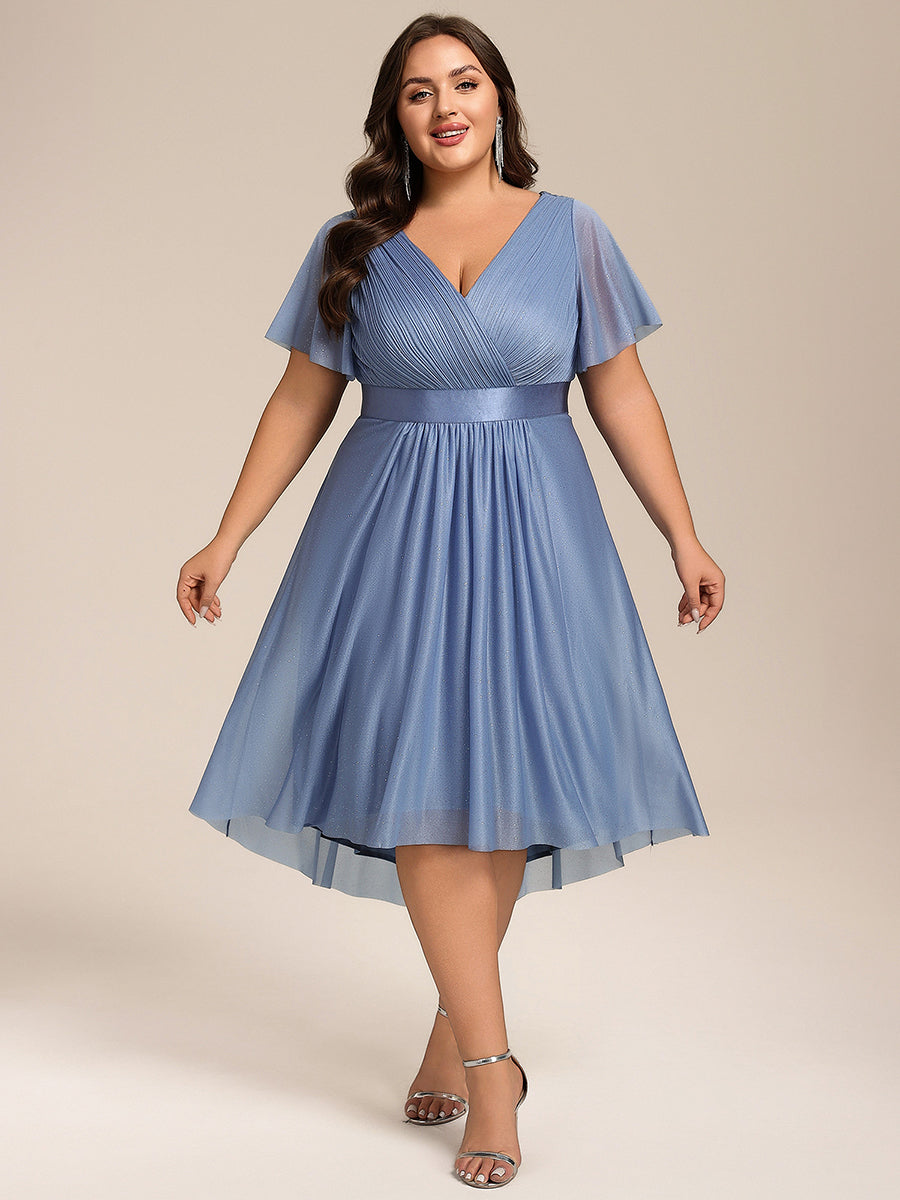 Color=Dusty Blue | Plus Size Ruffle Sleeves Ruched Wedding Guest Glitter Asymmetric Hem Dress-Dusty Blue 1