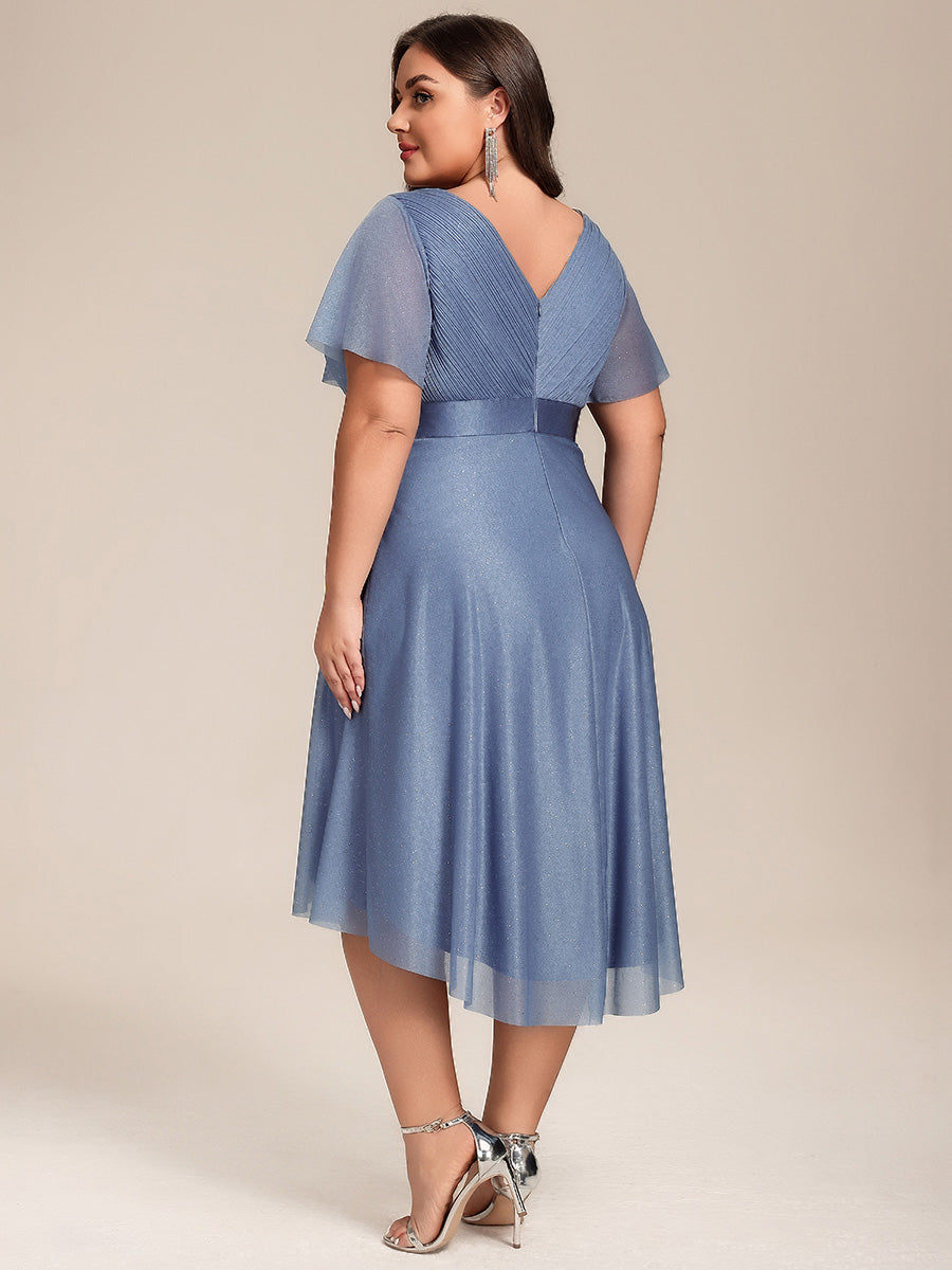 Color=Dusty Blue | Plus Size Ruffle Sleeves Ruched Wedding Guest Glitter Asymmetric Hem Dress-Dusty Blue 2