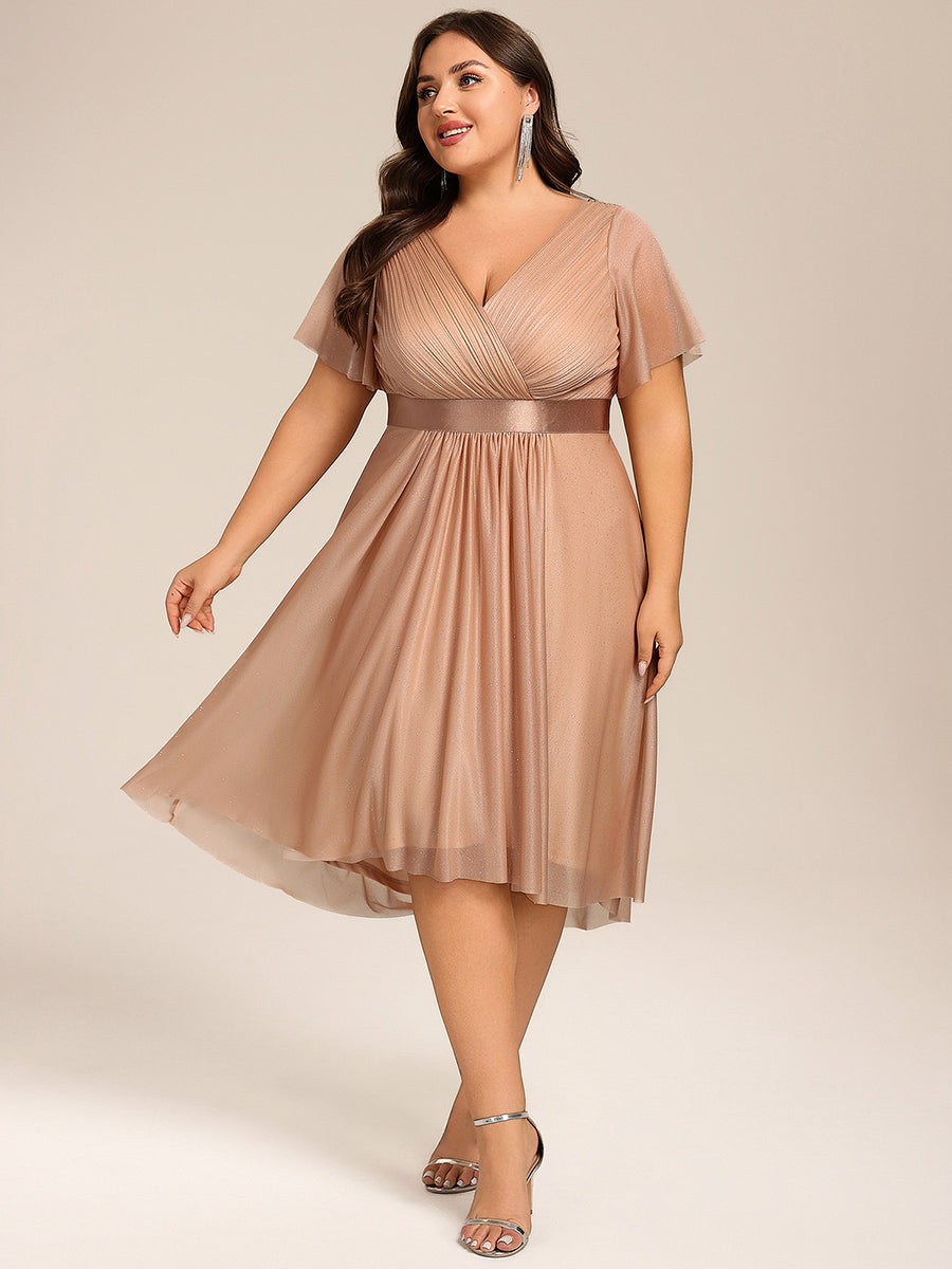 Color=Rose Gold | Plus Size Ruffle Sleeves Ruched Wedding Guest Glitter Asymmetric Hem Dress-Rose Gold 6