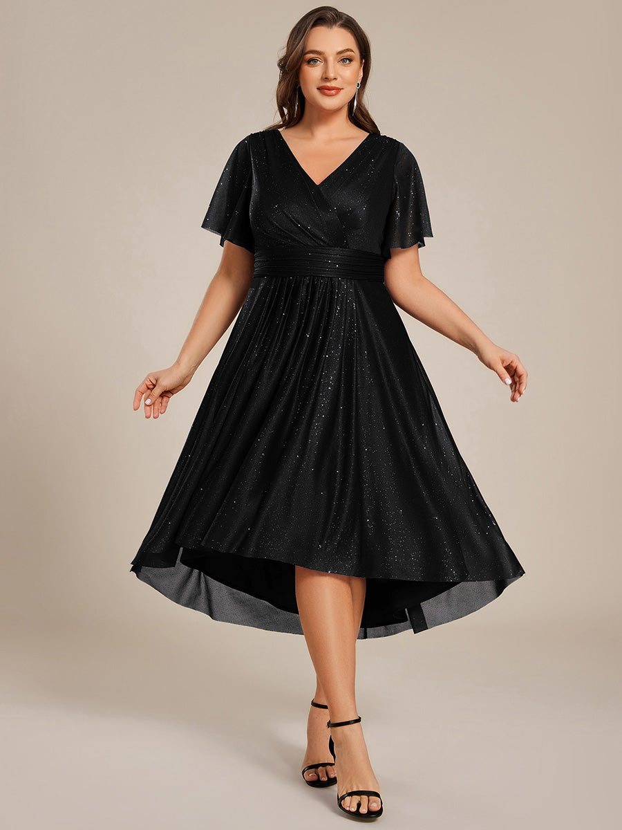 Plus Size Ruffled V-Neck A-Line Midi Wedding Guest Dress for Women