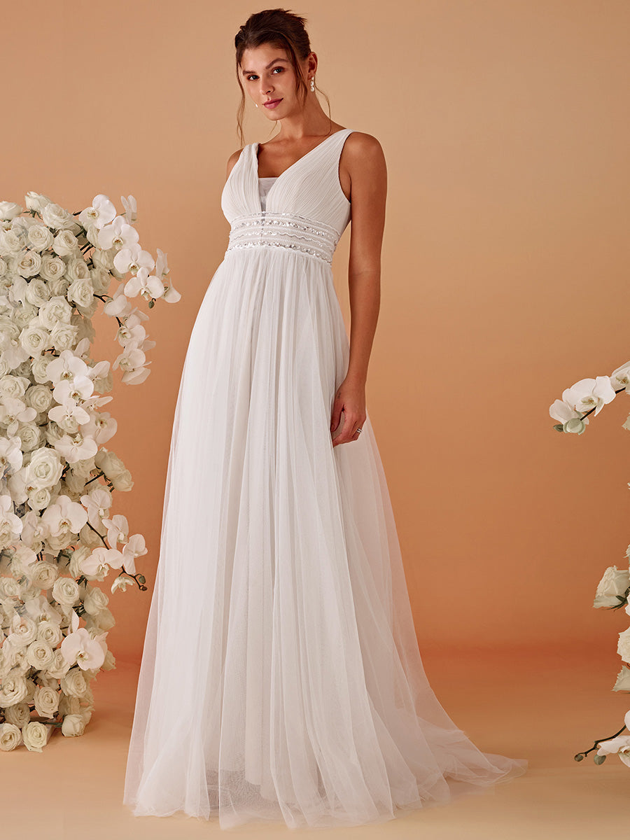 Color=Ivory | Backless A Line Sleeveless Wholesale Wedding Dresses with Deep V Neck-Ivory 1