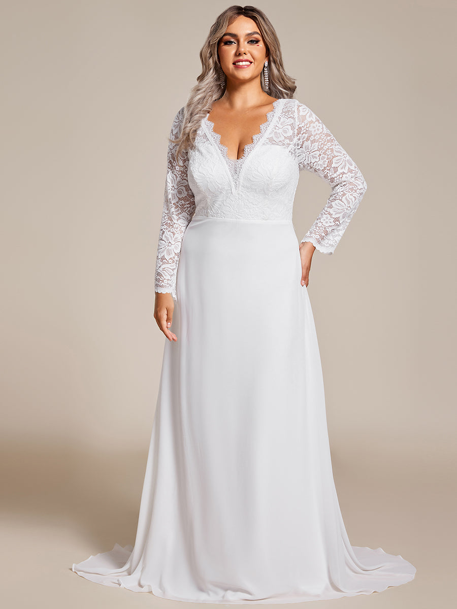 Plus Elegant Hollow Lace V Neck Wholesale Wedding Dresses#Color_White 5