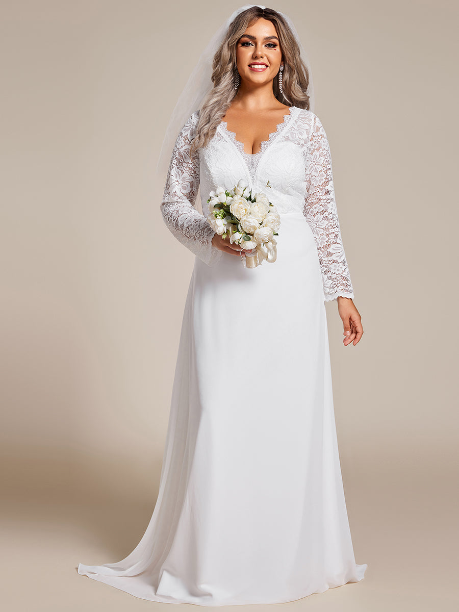 Plus Elegant Hollow Lace V Neck Wholesale Wedding Dresses#Color_White 1