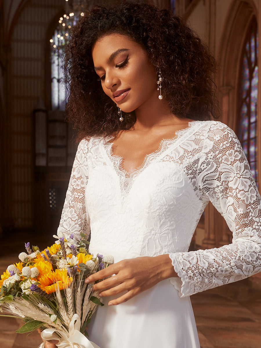 Elegant Hollow Lace V Neck Wholesale Wedding Dresses#Color_White