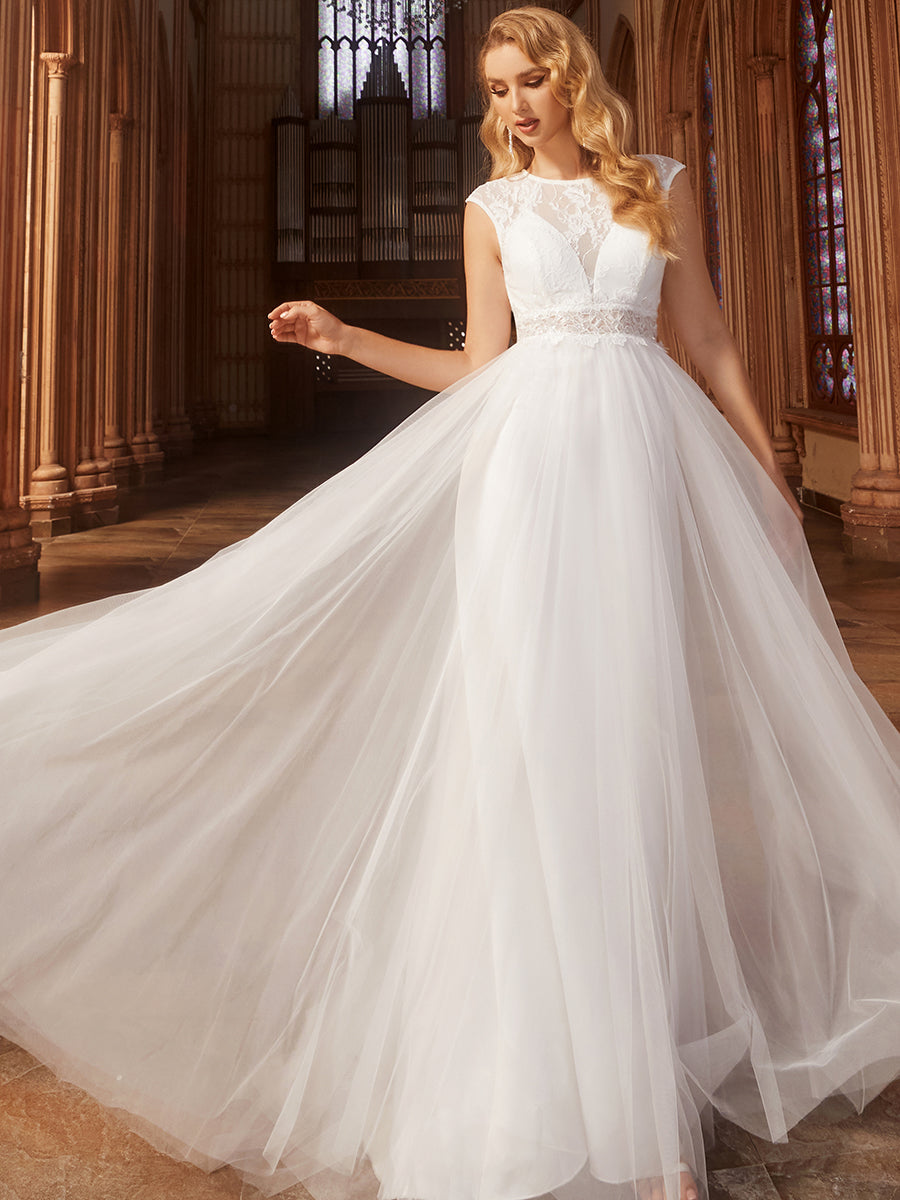 Elegant Hollow Lace Round Neck Wholesale Wedding Dresses#Color_White