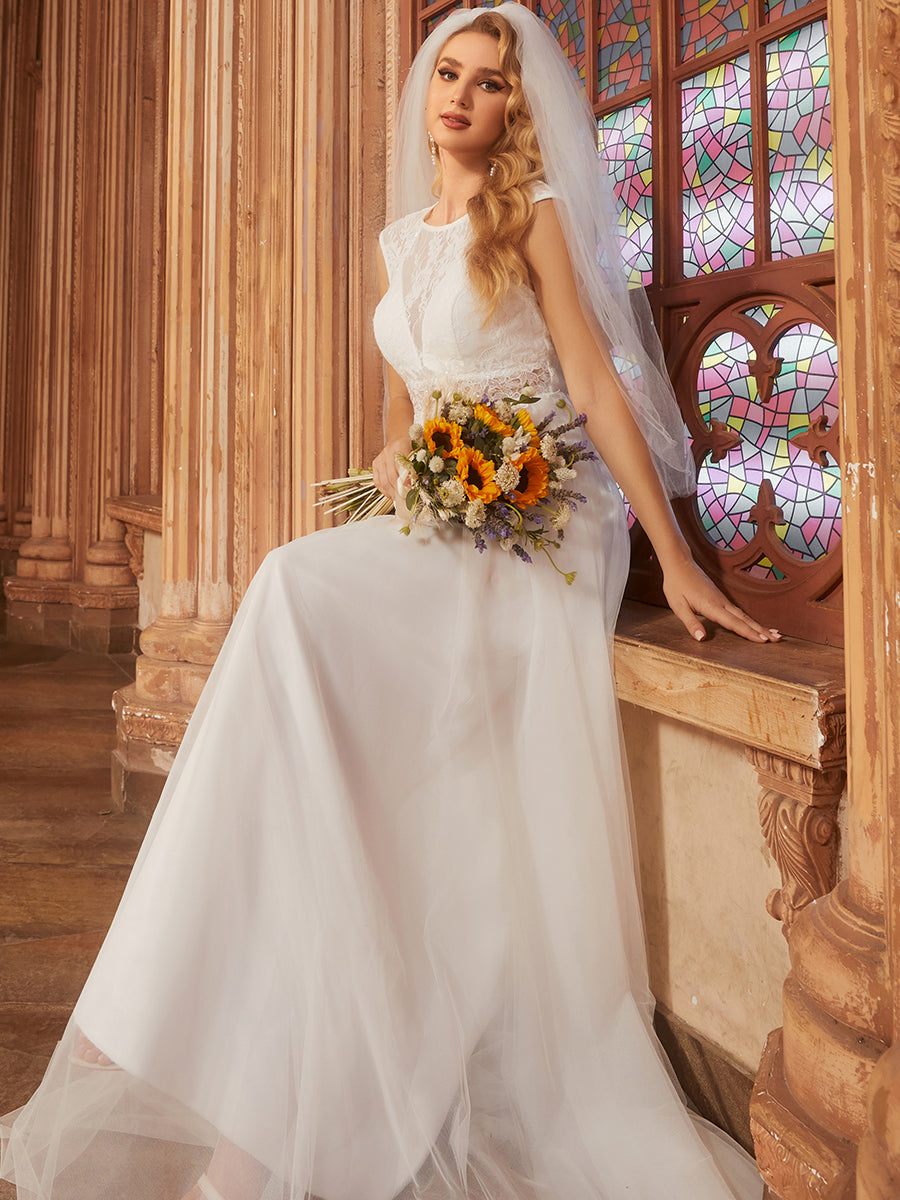 Elegant Hollow Lace Round Neck Wholesale Wedding Dresses#Color_White