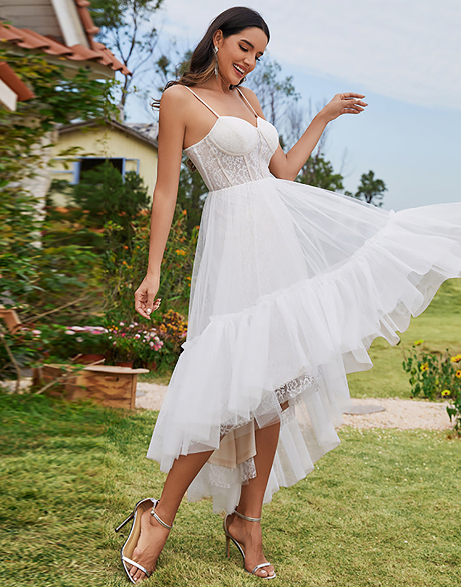 Color=Ivory | Tulle Sweetheart Spaghetti Strap High Low Wholesale Wedding Dress-Ivory 2