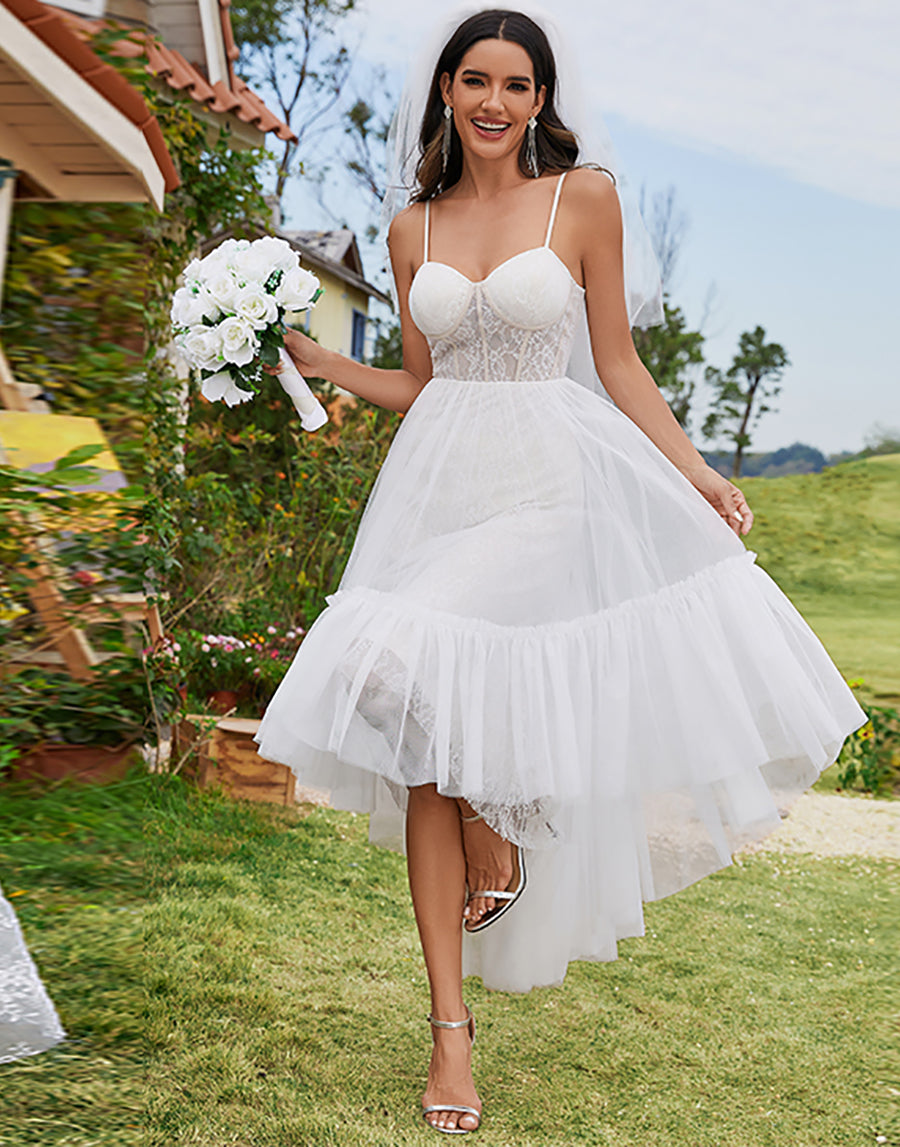 Color=Ivory | Tulle Sweetheart Spaghetti Strap High Low Wholesale Wedding Dress-Ivory 1