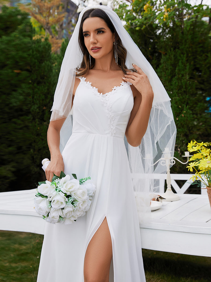 Color=White | Chiffon High Split Spaghetti Strap Appliques Wedding Dress-White 2