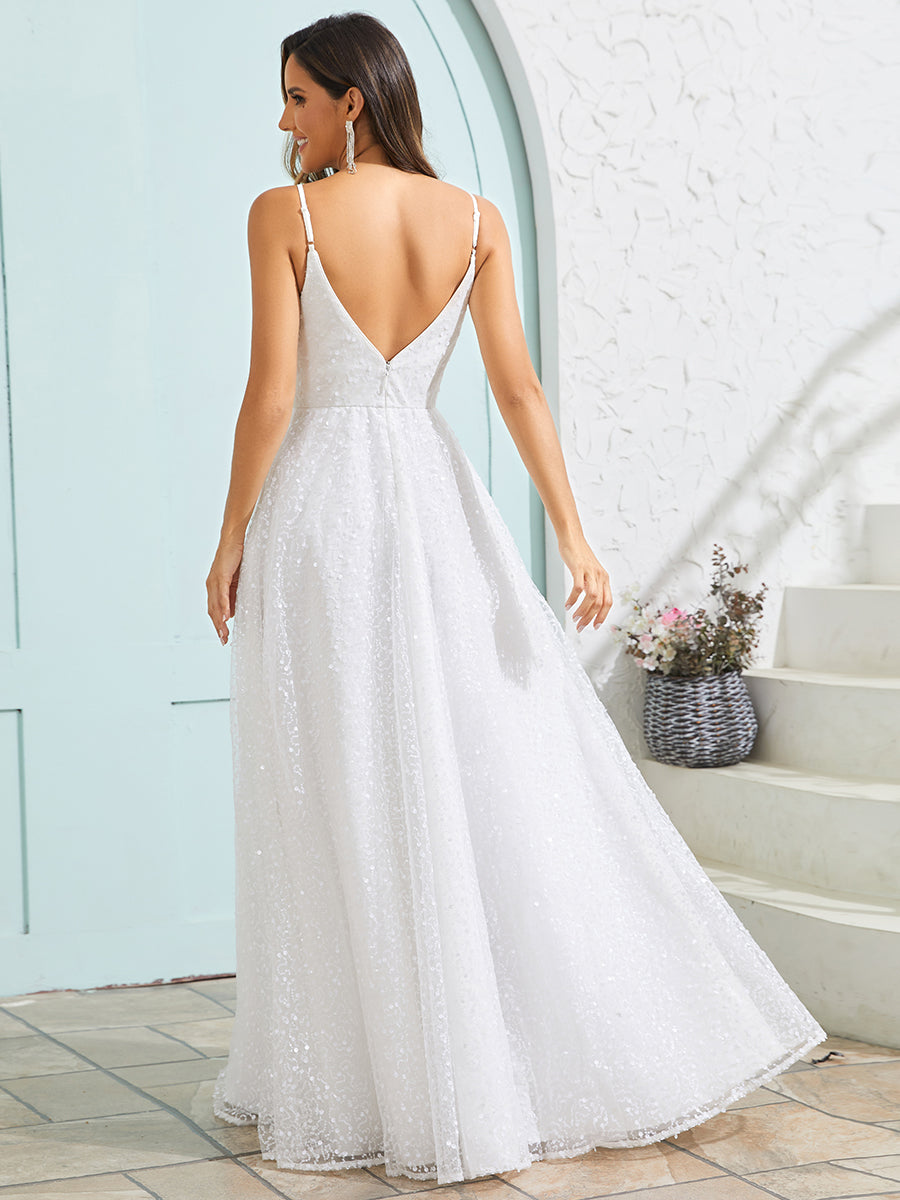 Color=White | Shimmer Sequin V Neck Wholesale Wedding Dress With Sleeveless-White 2