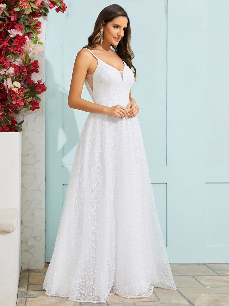 Color=White | Shimmer Sequin V Neck Wholesale Wedding Dress With Sleeveless-White 3