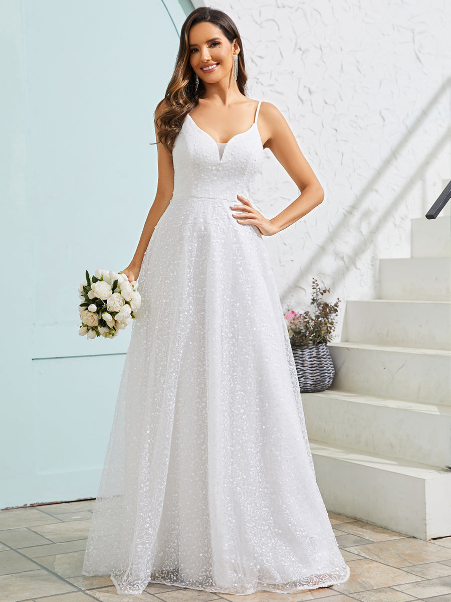 Color=White | Shimmer Sequin V Neck Wholesale Wedding Dress With Sleeveless-White 4