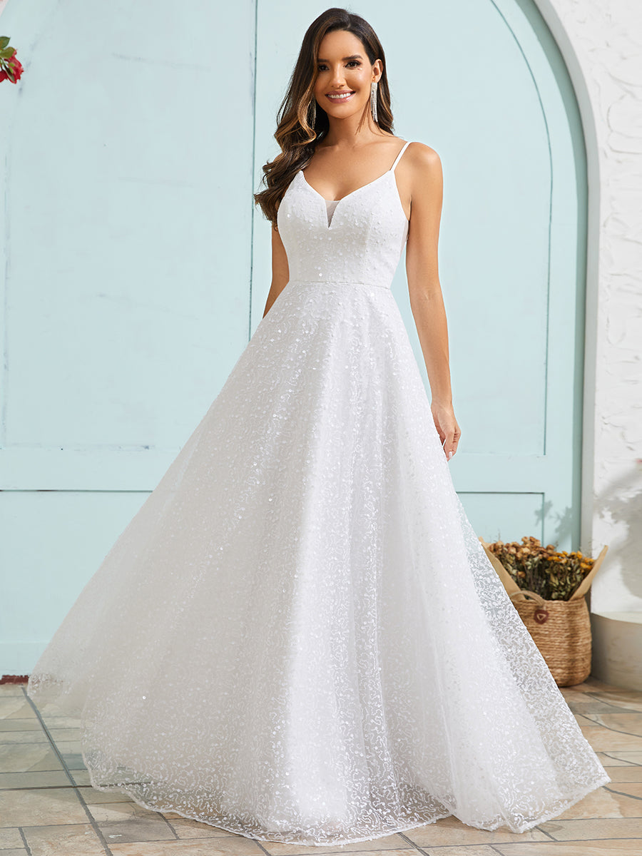 Color=White | Shimmer Sequin V Neck Wholesale Wedding Dress With Sleeveless-White 1