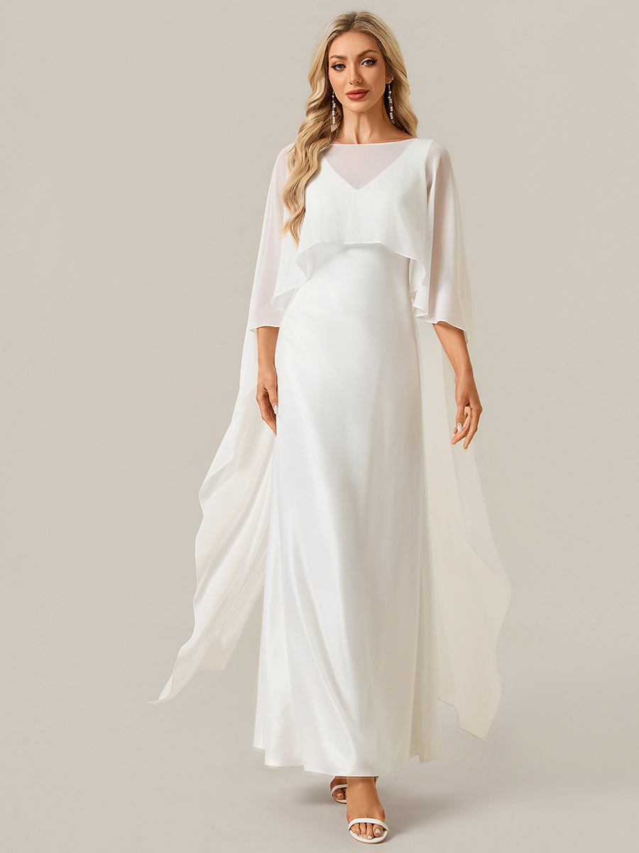 Color=White | Industrial Use Half Sleeve Shawl Deep V-Neck Sheath Floor Length Wedding Dresses-White 1