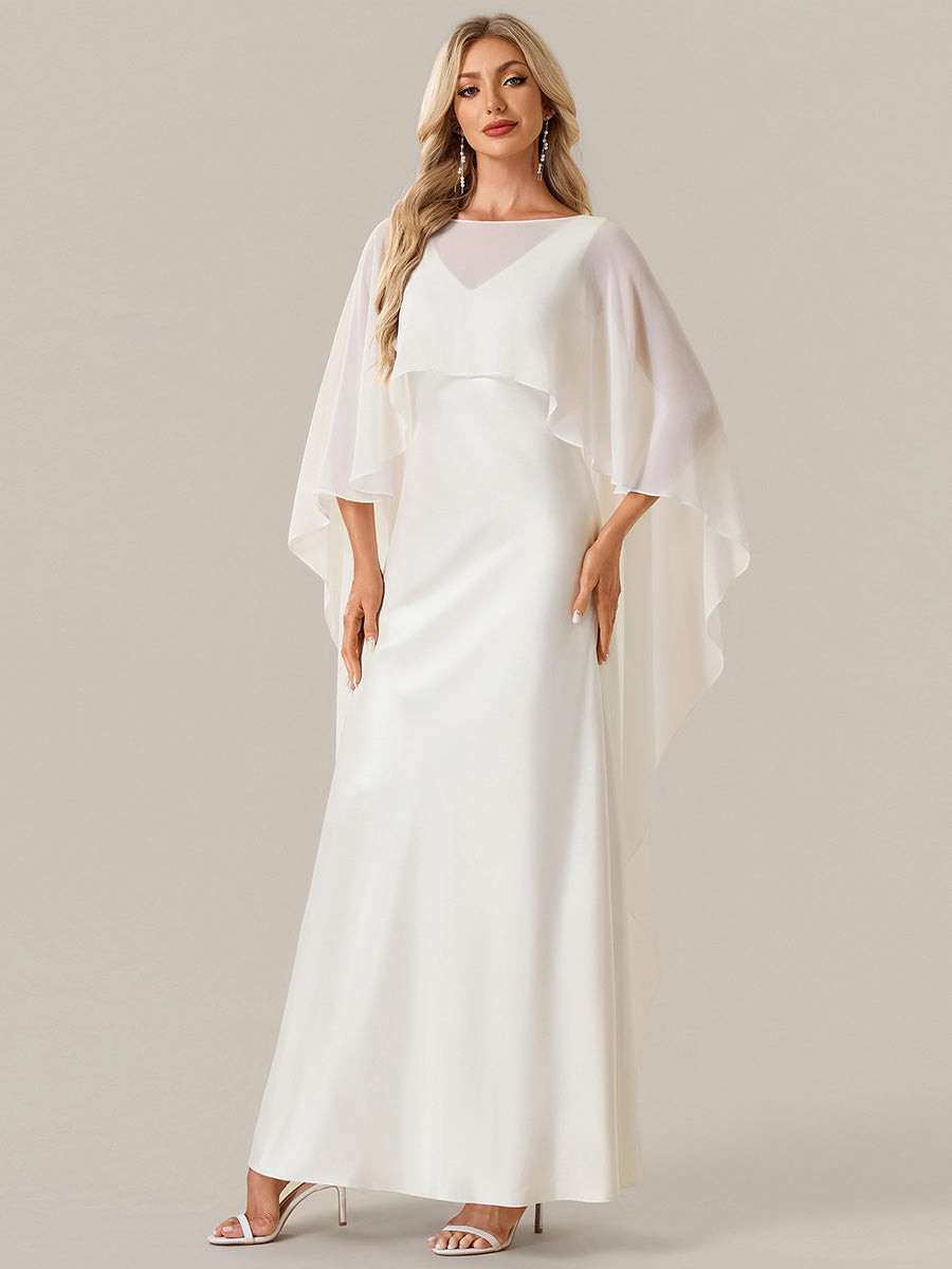 Color=White | Industrial Use Half Sleeve Shawl Deep V-Neck Sheath Floor Length Wedding Dresses-White 4